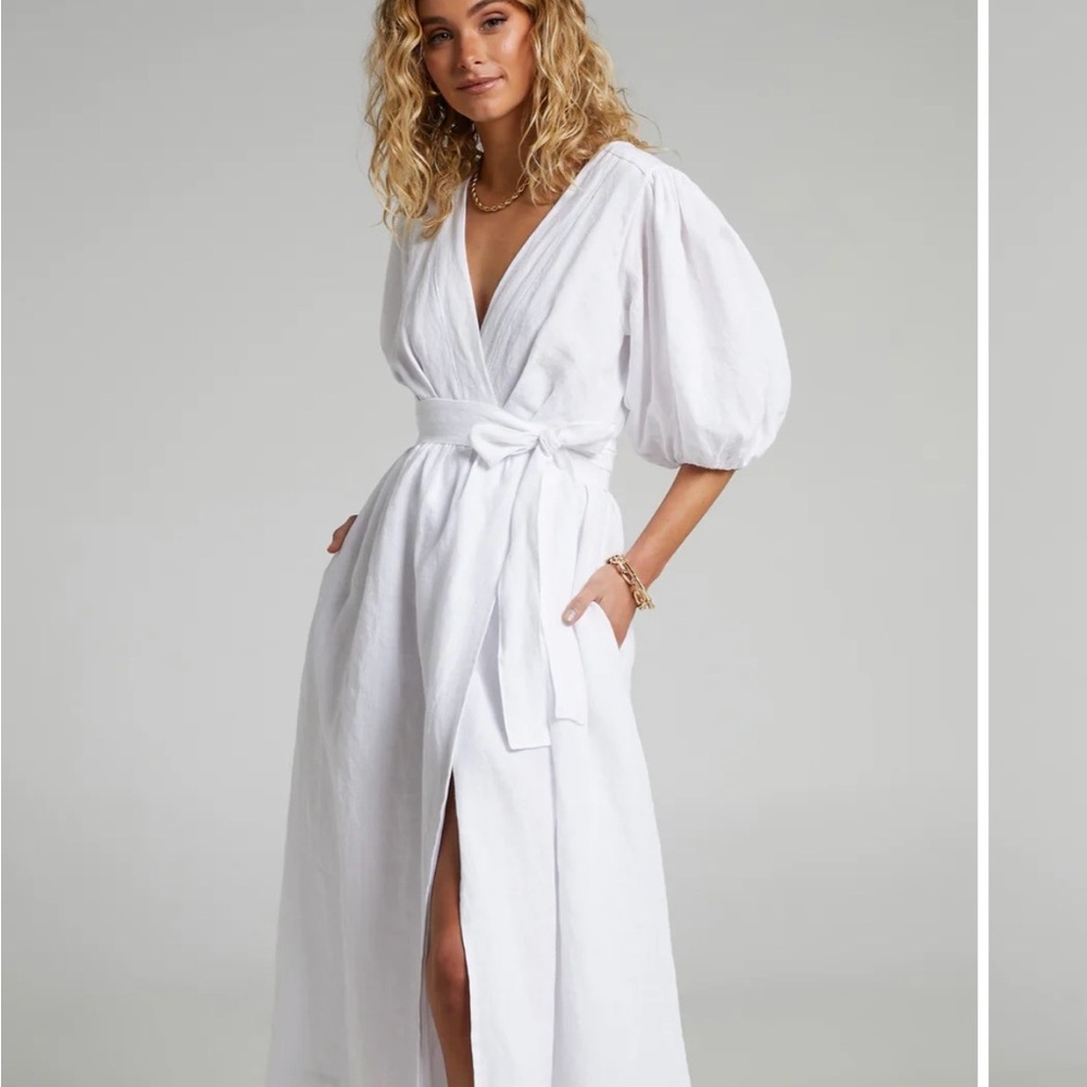 AMALIE THE LABEL - FRANC LINEN PUFF SLEEVE WRAP MIDI LINEN DRESS